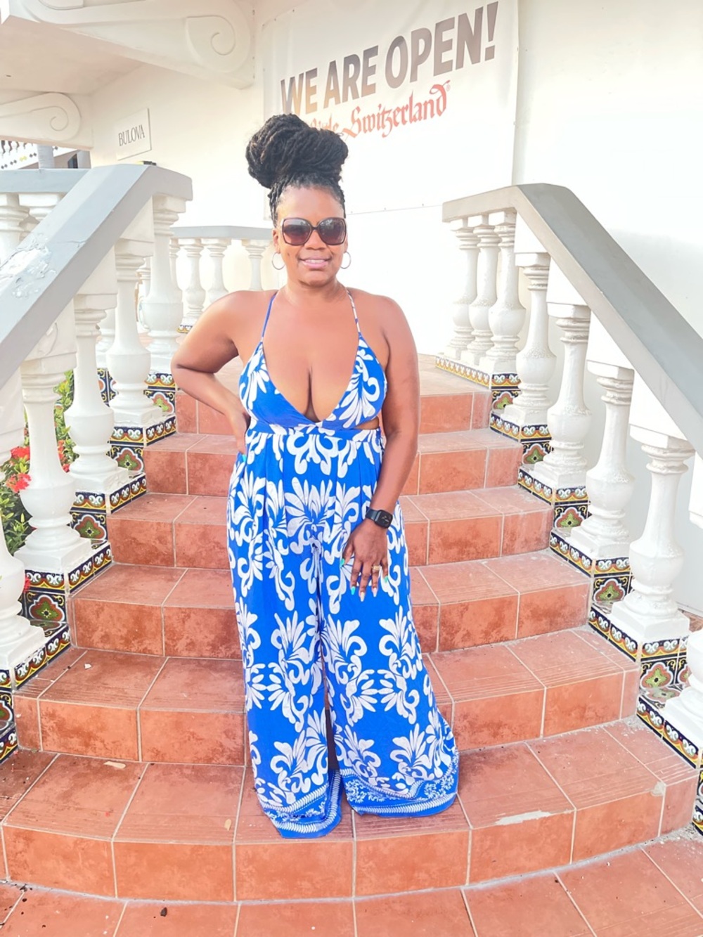 Fashion Nova Royal Blue & White Floral Plunging Wide-Leg Jumpsuit